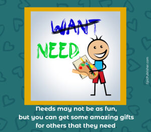 Graphic design of a boy with a painted sign:
Want is crossed out and Need is emphasized