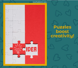 A puzzle card with the words puzzles boost creativity.