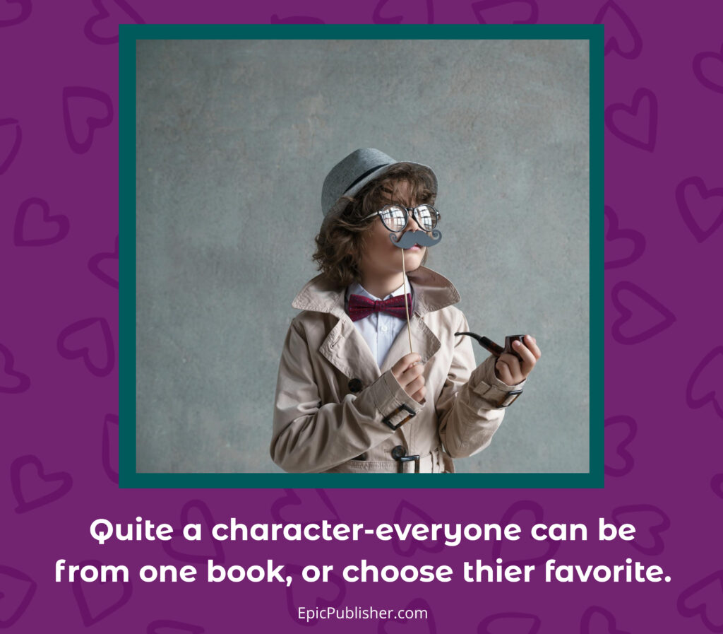 A boy in a hat and glasses with a quote that says'quiet character everyone can be from one book, 0r their favorite.