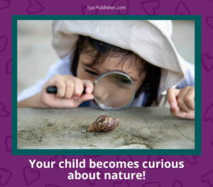 Girl with a magnifying glass looking at a snail: get your kids curious about nature.