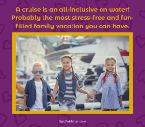 Three young children walking hand in hand along a dock, with yachts in the background, under a promotional text about Unforgettable Family Vacations.