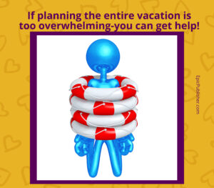 An illustration of a blue figure surrounded by multiple red and white lifebuys, with text suggesting help with family vacations.