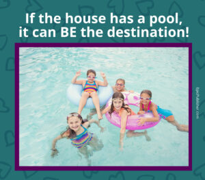 Four children joyfully posing on pool floats in a swimming pool with text "unforgettable vacations start with a pool!" above them.