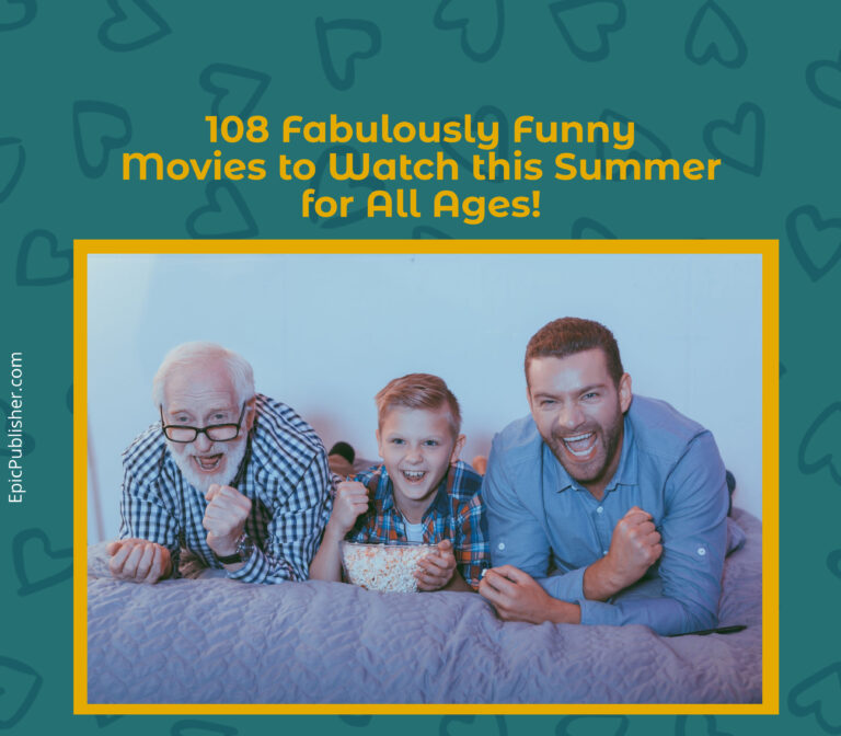 Three joyful people of different ages excitedly watch a movie, lying on a bed, with a background featuring movie-themed graphics and text about side-splitting comedies.
