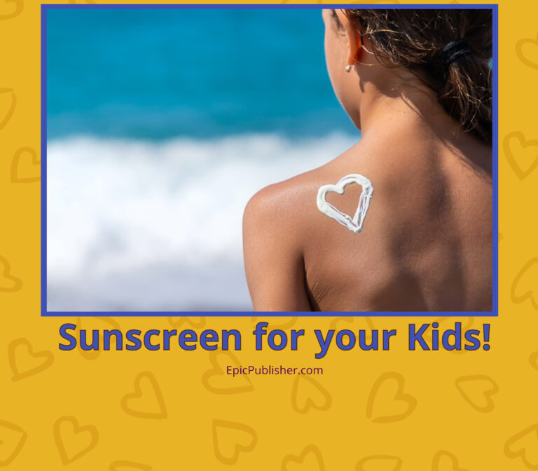 Person with a heart-shaped sunscreen application on their shoulder at the beach with text "safe sunscreen for your kids!