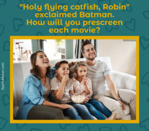 A family of four, two adults and two children, happily watching a children's film together on a couch, eating popcorn.