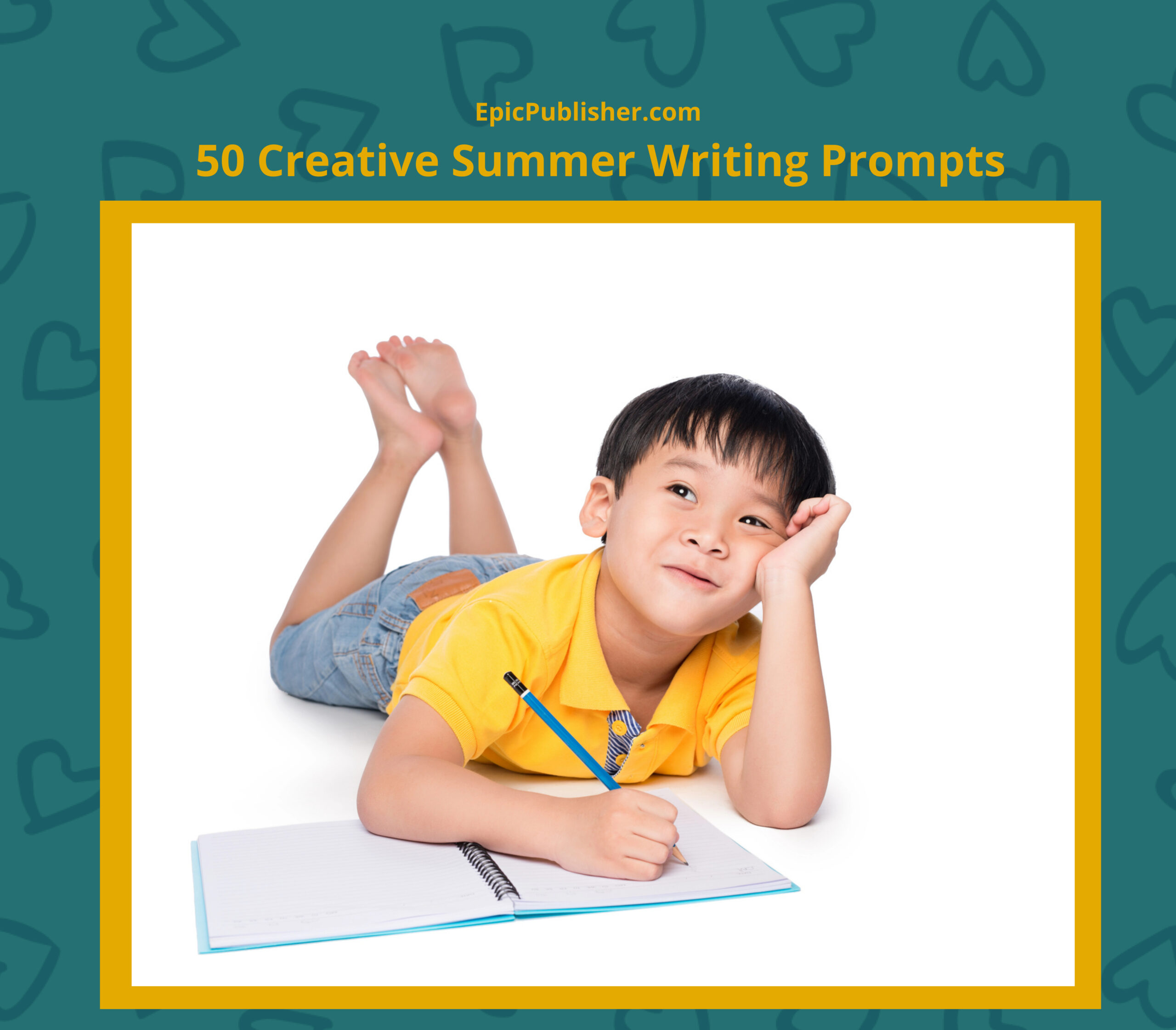 A young boy lying on his stomach, holding a pencil, and looking thoughtful next to an open notebook. Text above reads "50 Fun Writing Prompts for Summer"