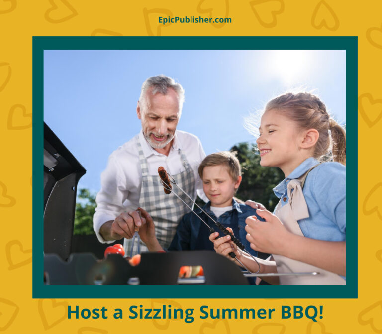 An older man and two children are grilling food outdoors. The man is handling the grill while the children observe. Text reads, "Host a Sizzling Summer BBQ with these fun BBQ ideas!