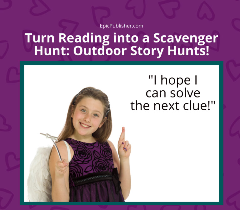 A young girl in a black dress with a wand is smiling and pointing upwards. Text on the image reads: "Turn Reading into a Scavenger Hunt: Outdoor Story Hunts!" and "I hope I can solve the next clue!" This summer, let your child uncover new adventures with an exciting Outdoor Story Hunt.