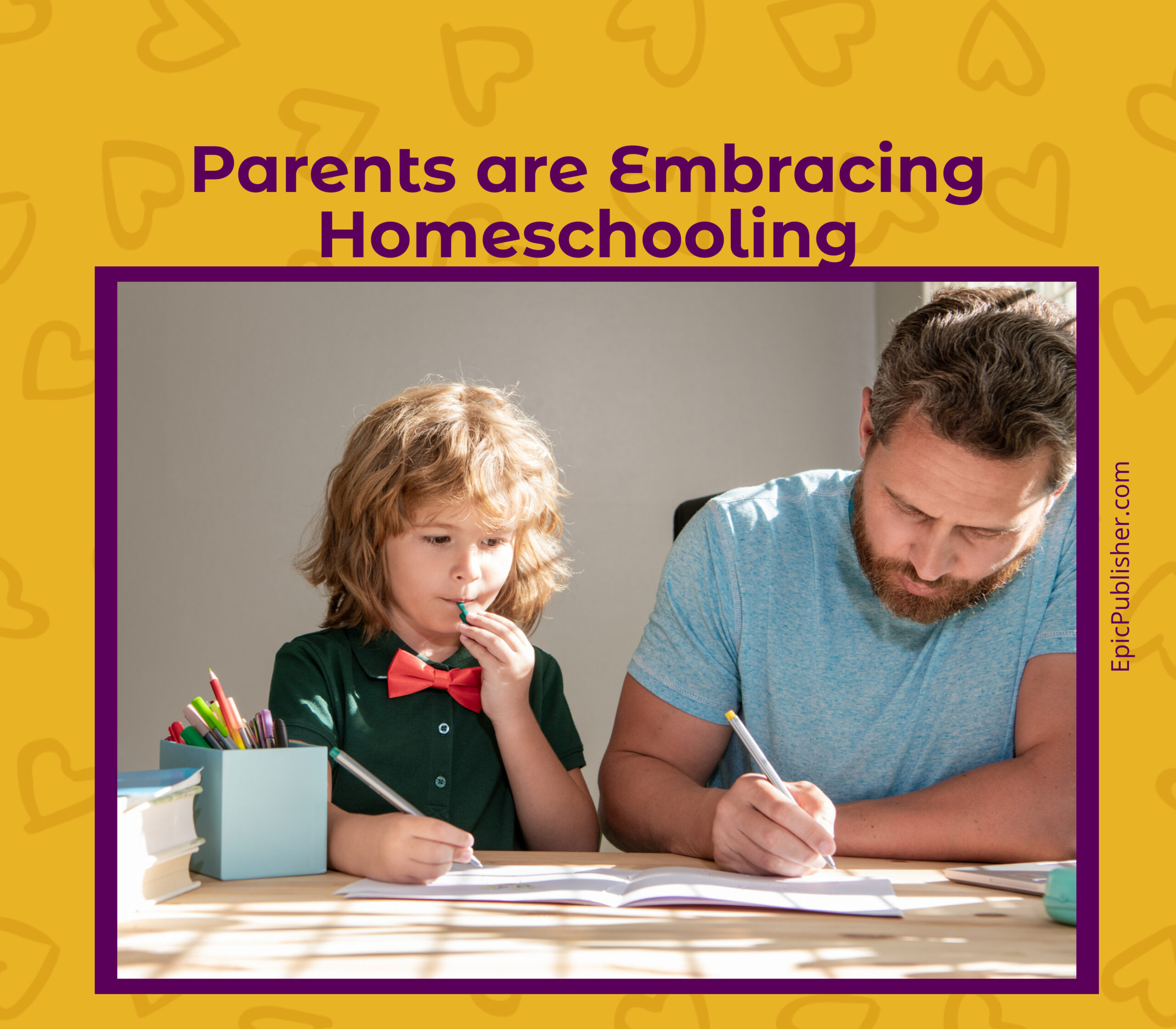 A child and an adult are sitting at a table, both engaged in writing activities. The background text reads, "Parents are Embracing Homeschooling.