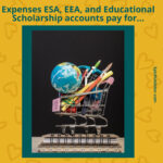 A small shopping cart filled with school supplies, including a globe, pencils, scissors, and markers, sits on top of stacked notebooks. Text reads: "Expenses ESA, EEA, and Educational Scholarship accounts and state funds pay for.