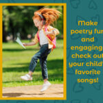 A young girl is jumping joyfully outside, wearing headphones and holding a piece of paper. The text reads, "Make poetry fun and engaging with Poetry for Kids - check out your child's favorite songs!