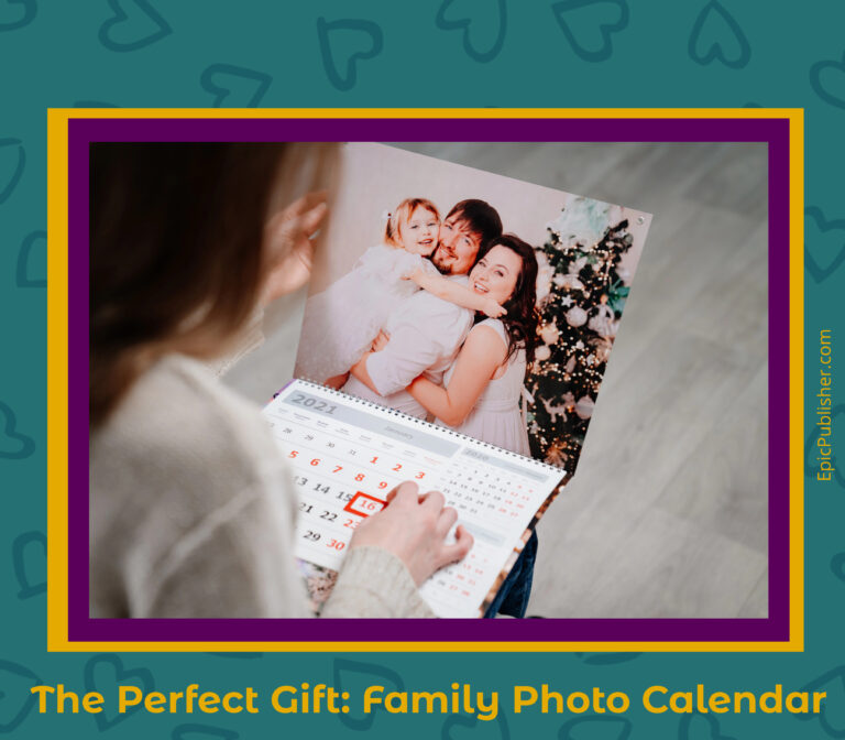 A person is viewing a family photo calendar featuring a picture of two adults and a child. The calendar's cover reads, "The Perfect Gift: Must-Have Family Photo Calendar.