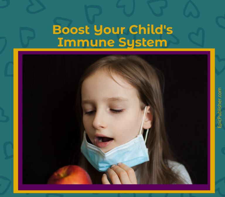 A child wearing a medical mask holds and looks at an apple. The text above reads, "Boost Your Child's Immune System This School Year.