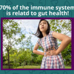 A young person in a checkered dress stands outdoors, holding their stomach with a pained expression. Text reads, "Boost Your Child's Immune System—70% of the immune system is related to gut health!