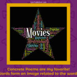 A word cloud in the shape of a star composed of words related to entertainment, such as "Movies," "Magazines," and "Showbiz," on a black background with a yellow border and text beneath, blending the whimsy art and the words of poetry 