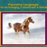 A brown and white horse galloping through water, with the text "Figurative Language: I'm so hungry, I could eat a horse!" at the top of the image. This engaging snapshot perfectly combines visual fun with a touch of poetry.