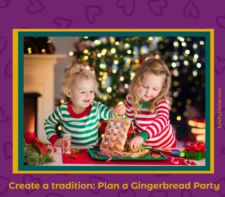 Two children in striped pajamas joyfully decorate a gingerbread house at the table. A festive Christmas tree twinkles in the background, with a cozy fireplace to the side, setting the perfect holiday scene.