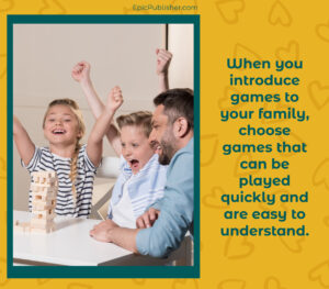 A family of three enjoying game night, the child cheering with excitement as the adults smile. The background highlights tips for choosing quick and easy games, perfect for creating unforgettable family memories.