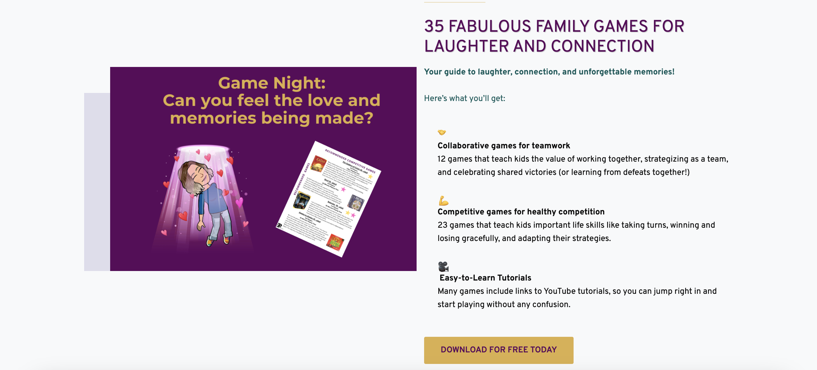 Promotional image for family games. On the left, a child holds a game with text about love, memories, and Valentine's joy. Right lists benefits like teamwork, healthy competition, and easy tutorials for kids. Button reads "Download for Free Today.