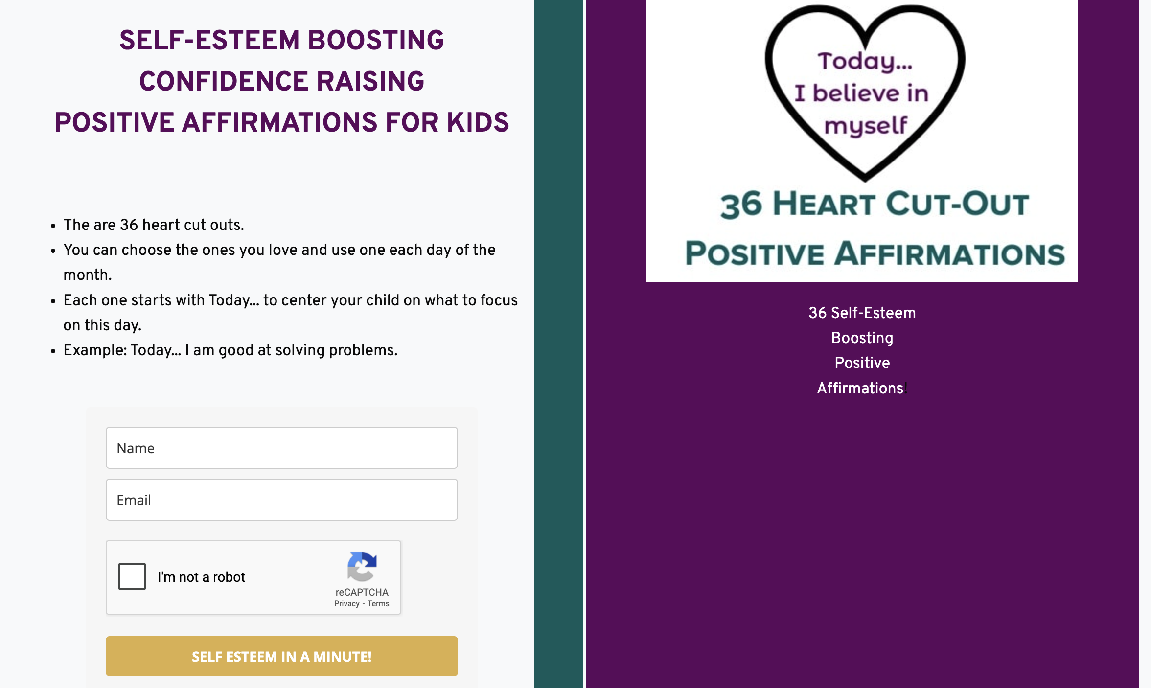 A webpage offers 36 heart cut-out positive affirmations for kids, featuring a sign-up form and a sample kids affirmation: “Today, I believe in myself.”.