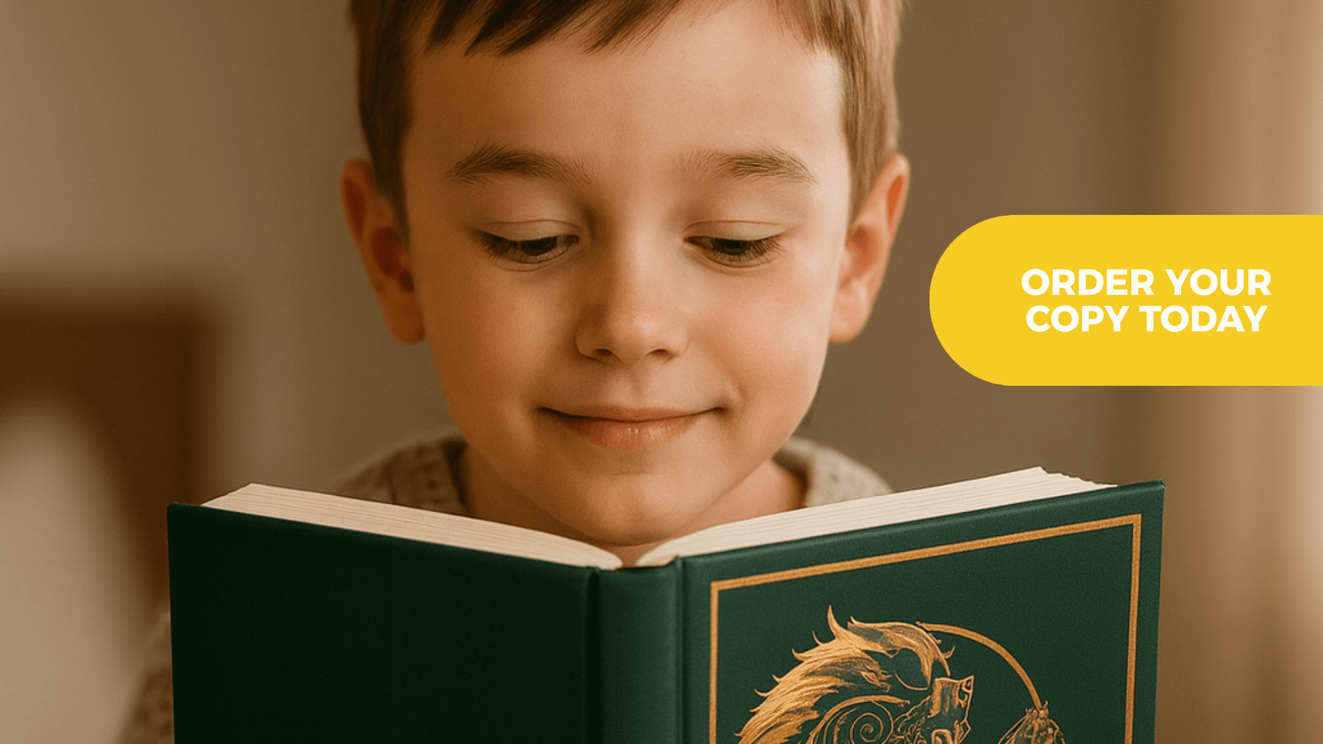 A young boy reads a green hardcover book with a gold design; a yellow banner says, "Order Your Copy Today.