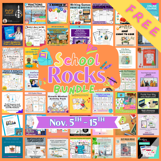 A collage of educational resource covers with "School Rocks Bundle" and "Nov. 5th - 15th" in the center, highlighting "FREE" on a golden banner—perfect for Creative Fun and Winter Learning Activities during these cold days!.