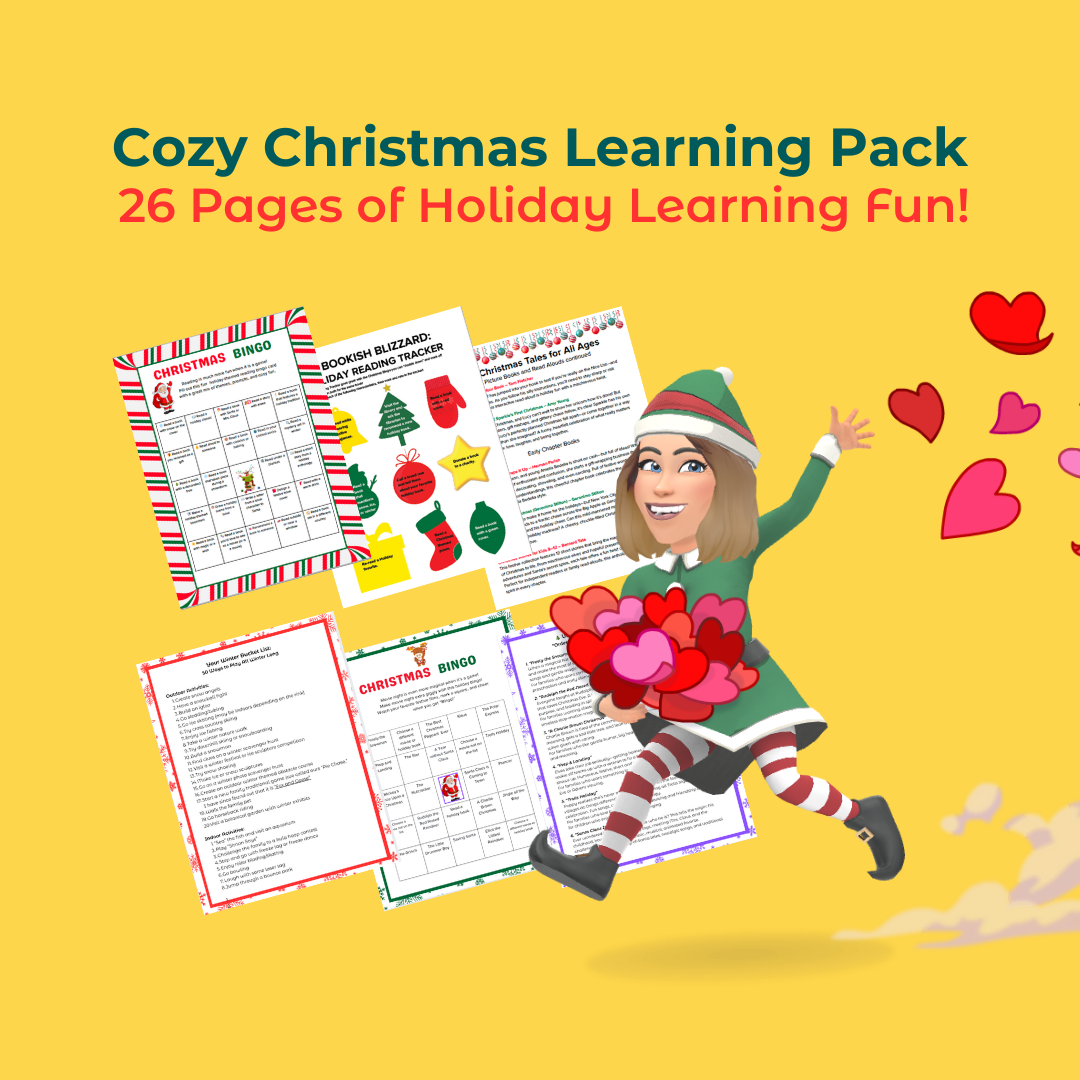 A cartoon elf holds hearts and runs past five festive Christmas-themed worksheets labeled “Cozy Christmas Learning Pack—26 Pages of Holiday Learning Fun!” Perfect for cold days full of cozy creative fun on a bright yellow background.