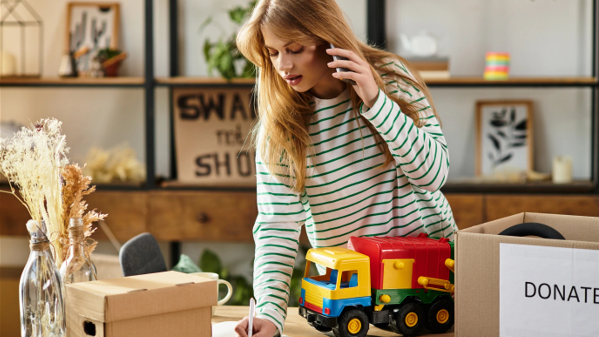 A woman in a striped shirt talks on the phone while writing, next to a box labeled "DONATE" with toys and other items—showing moms some smart organization hacks for decluttering.