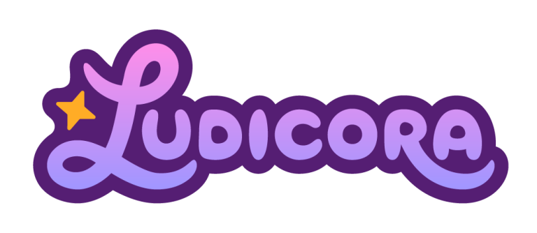 Ludicora" written in bold, rounded purple and lavender gradient letters with a yellow star accent on the "L", outlined with a dark purple border—perfect for the Family Fun Reset Bundle Success Page.