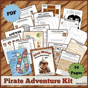 Pirate Adventure Kit PDF with 54 pages, featuring activity sheets, puzzles, maps, answer keys, and pirate-themed games—perfect for family fun and engaging family activities—all arranged in a vibrant collage.