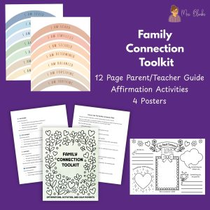 Family Fun Connection Toolkit with affirmation posters, a 12-page parent/teacher guide, and activity sheets displayed on a purple background—perfect for joyful moments or as part of your Reset Bundle.