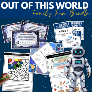 A collage of space-themed family activity sheets, a robot illustration, a color-by-number page, a fortune teller, and flashcards on a starry background with the title “Out of This World Family Fun Bundle—perfect for Family Activities.”.
