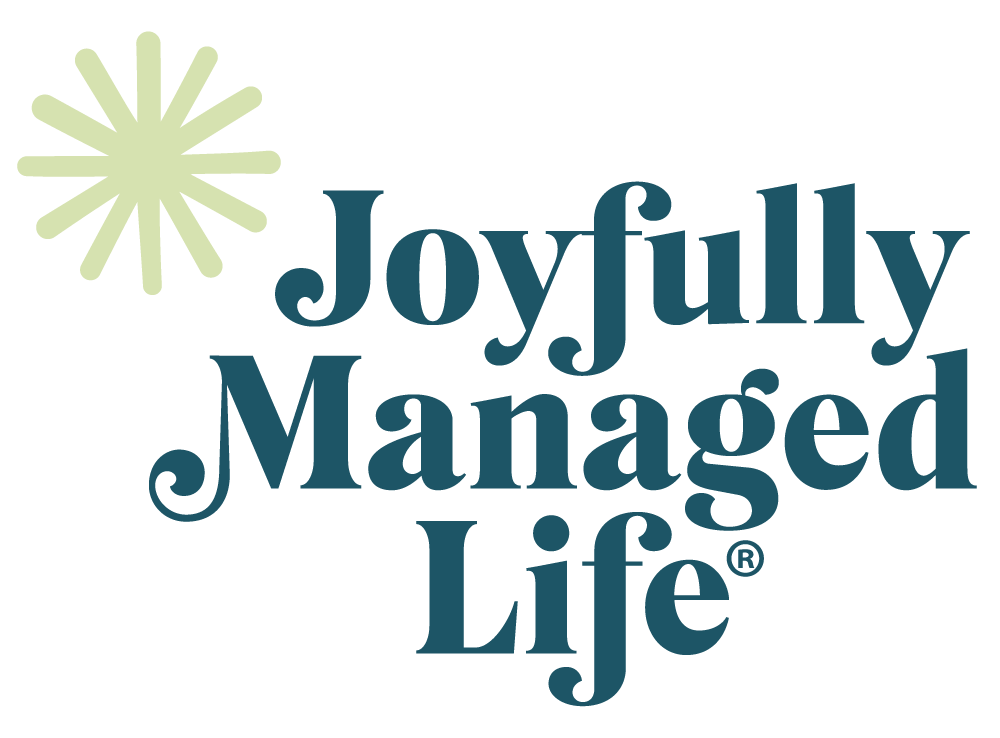 Logo with a pale green starburst shape and the words "Joyfully Managed Life®" in large dark green text, perfect for a Family Fun or Reset Bundle Welcome Page.