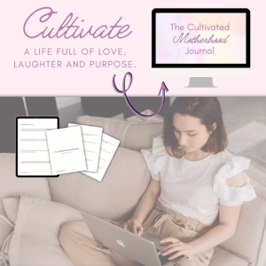 Woman sitting on a couch using a laptop, surrounded by images of a journal, computer screen, and text promoting The Cultivated Motherhood Journal—perfect for discovering family fun and meaningful activities together.