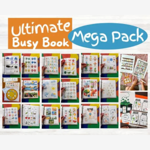A collage showing pages from the "Ultimate Busy Book Mega Pack," featuring colorful educational activities and family fun for children.